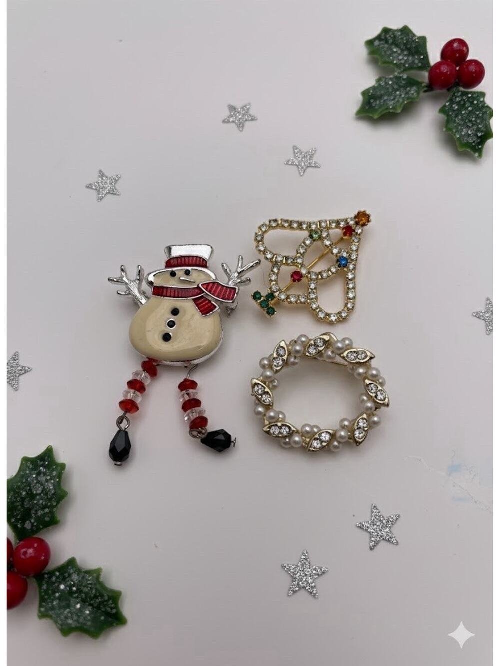 Brooch Christmas Snowman Dangle Rhinestone Tree Pearl Wreath Pin Lot 3 OTC VTG